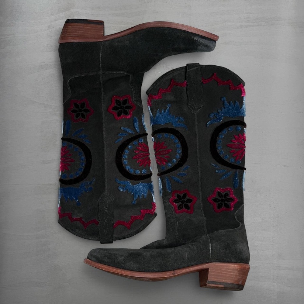 Free‎ People Roundhouse Stitch Brayden Western Boots Black Suede Boho Tall 41